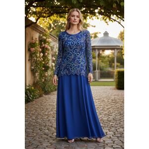 JOVANI Dress Size L 100% Silk VINTAGE Long Sleeve Beaded Blue Maxi Evening Gown